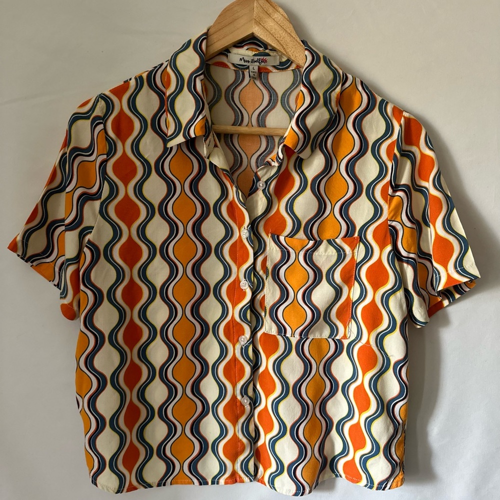 Miss Selfie Women’s Vintage Retro Revival Yellow Blue White Blouse - Size L